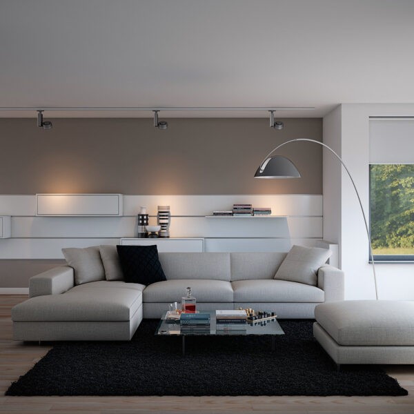 Indulgent grey apartment- neutral couch atop black area rug with minimal accessories and floor lamp