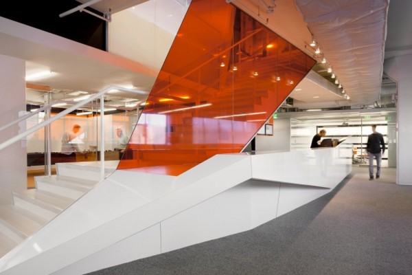 Kayak Startup Tech Office- glazed interiors in reflective orange white and glass