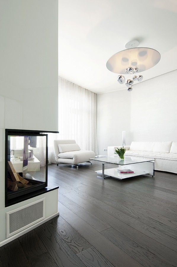 Living neutral soft furnishings with dark wood flooring and glass fireplace niche portrait