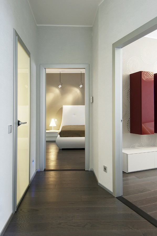 Metallic framed hall with dark wood flooring and view to bedroom