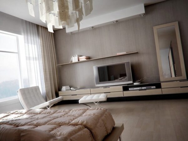 Muted Bedroom with modern light fixture and blonde wooden storage