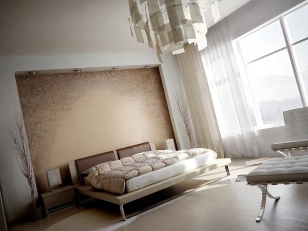 Muted Bedroom with modern light fixture and quilted aesthetic in furniture and bedding