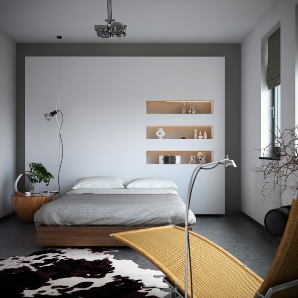 Organic meets industrial- bedroom with monochrome cowhide rug storage niches and earthy styling