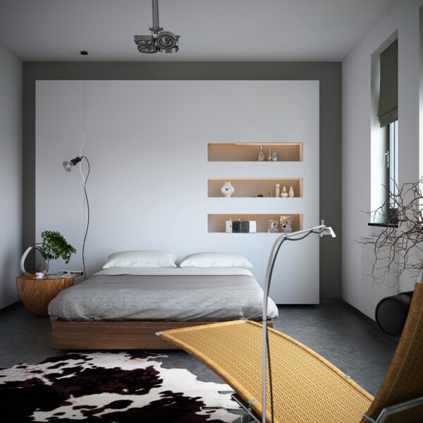 Organic meets industrial- bedroom with monochrome cowhide rug storage niches and earthy styling