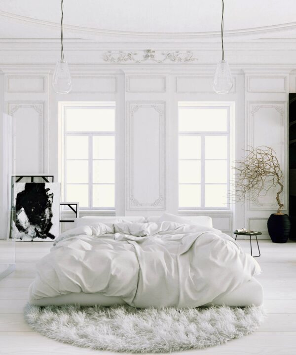 Parisian Apartment- soft white bedroom with black accents and potted tree