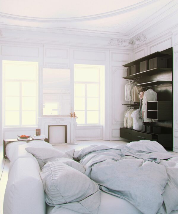 Parisian Apartment- soft white cotton bedding with fireplace