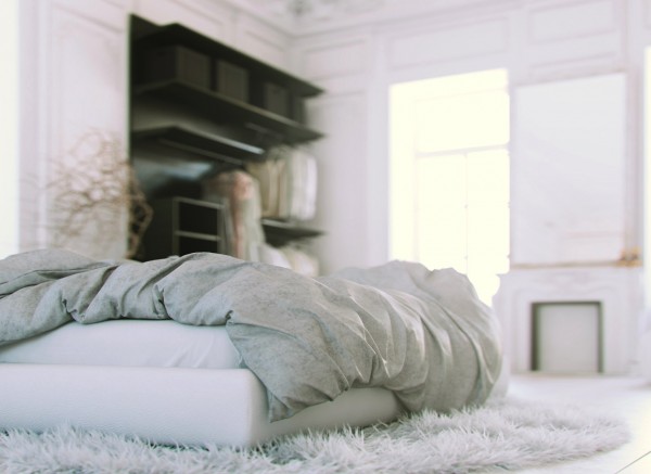 Parisian Apartment- soft white cotton bedding with shag pile rug and dark storage