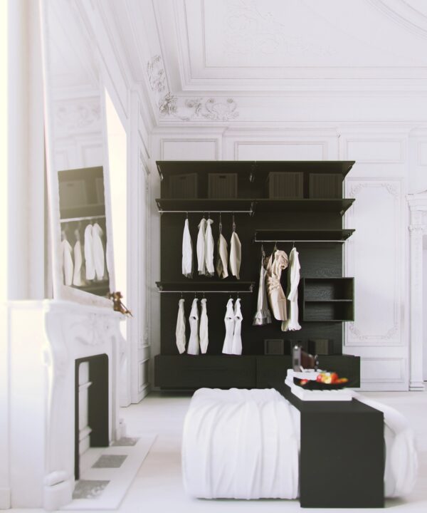 Parisian Apartment- white bedroom with black clothes storage and fireplace