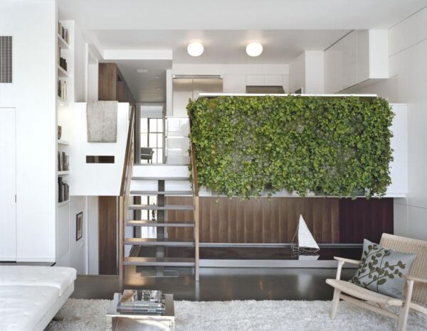 Pulltab Design- White and wooden lounge with water feature and green wall Pulltab Design- White and wooden lounge with water feature and green wall