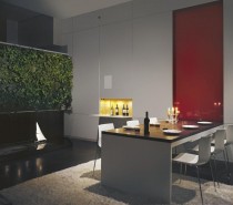 Pulltab Design- red pannelled high gloss dining area with water feature and green wall