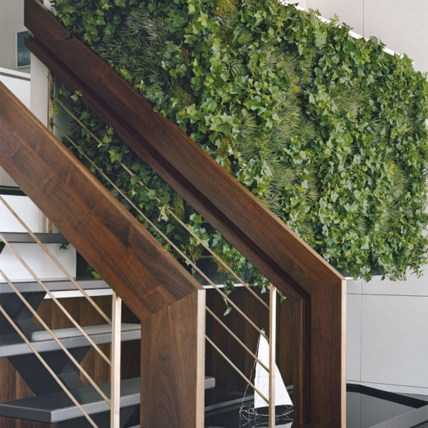 Pulltab Design- wooden railing staircase and green wall with water feature
