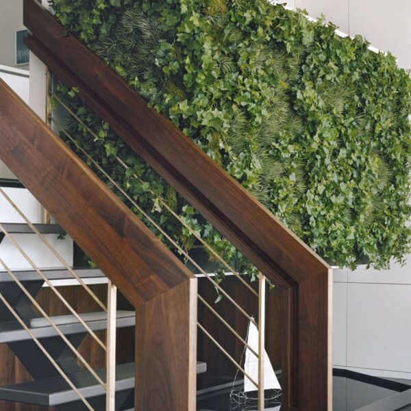 Pulltab Design- wooden railing staircase and green wall with water feature Pulltab Design- wooden railing staircase and green wall with water feature