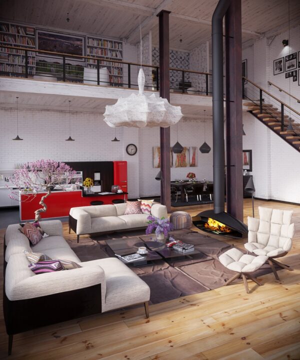 RIP3D Industrial Loft- Organic coccoon like pendant light crowning fireplace living on blonde hardwood floors