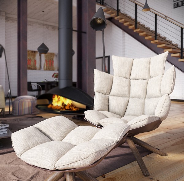 RIP3D Industrial Loft- deconstructed quilted eames style chair in open plan fireplace living