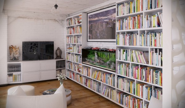 RIP3D Industrial Loft- entertainment area library with multicolored books in white shelves