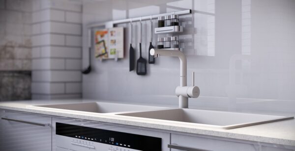 RIP3D Industrial Loft- high gloss white kitchen island splash back