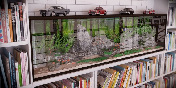 RIP3D Industrial Loft- quirky fish tank styled with vintage cars set in library