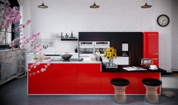 RIP3D Industrial Loft- red monochrome kitchen on brick background with pendant lighting