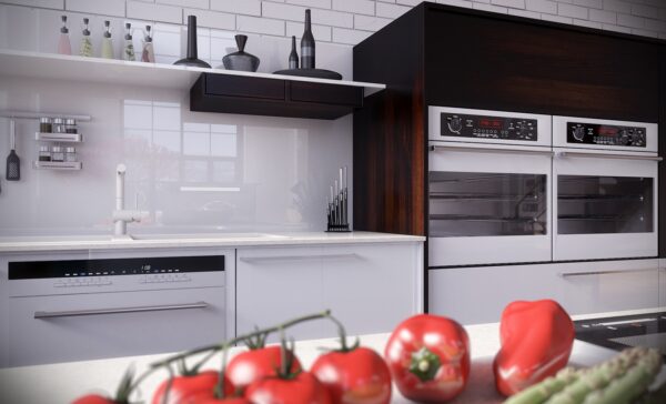 RIP3D Industrial Loft- white kitchen with high gloss splash back styled still life vegetables