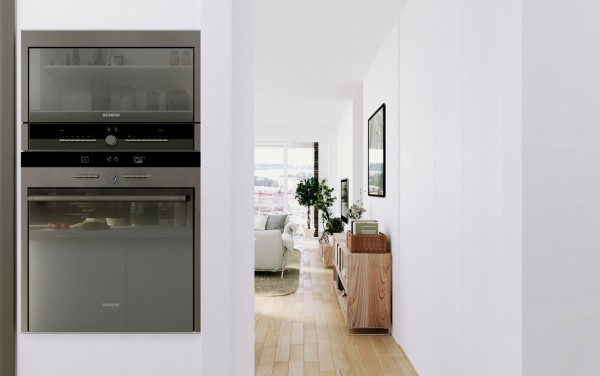 Scandinavian Apartment- kitchen with sleek slate oven and thoroughfare views