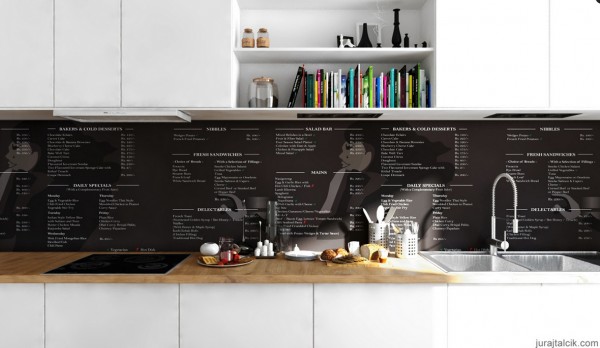 Scandinavian Apartment- monochrome printed splashback and cookbook nieches