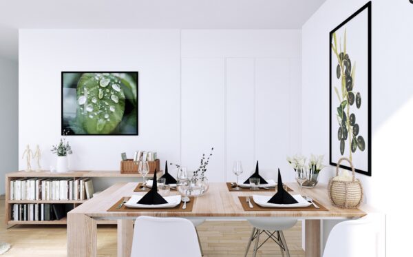 Scandinavian Apartment- open plan dining in white with wooden and green acccents