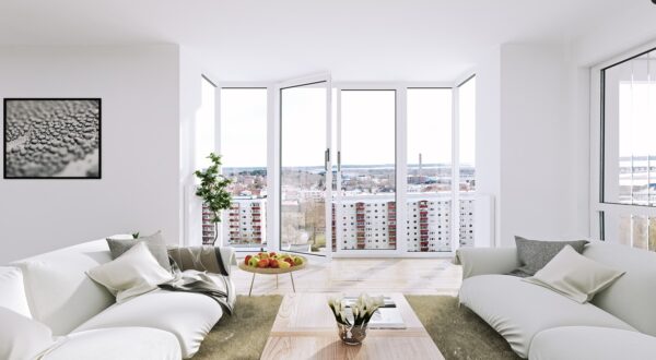 Scandinavian Apartment- white living floor to ceiling windows