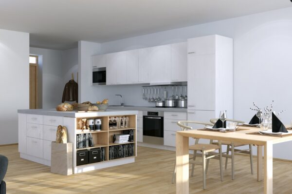 Scandinavian Studio Apartment - kitchen with open plan dining and storage island