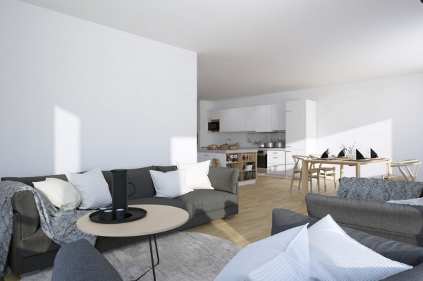 Scandinavian Studio Apartment - open plan living dining in monochrome and slate palette