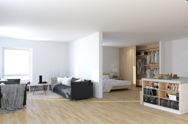 Scandinavian Studio Apartment - open plan partitioned bedroom living with storage island