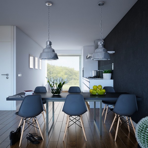 Textured Navy and Wood Apartment- industrial pendant lit dining with wood and steel framed chairs