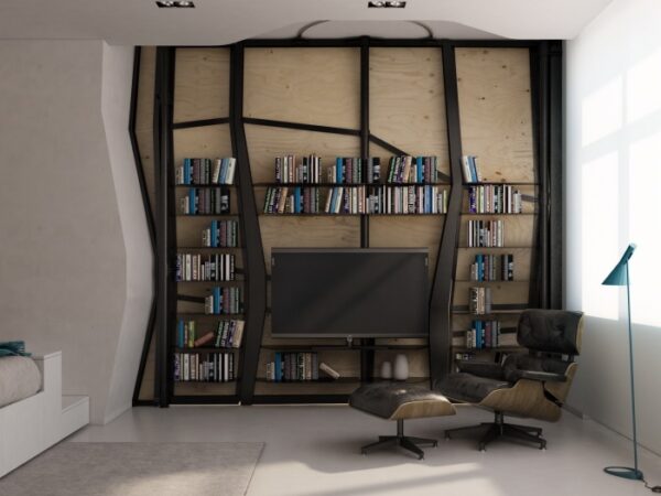 Transformer Apartment- TV entertainment niche built into partition with multimedia storage