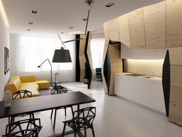 Transformer Apartment- hidden kitchen niche revealed open pland living dining