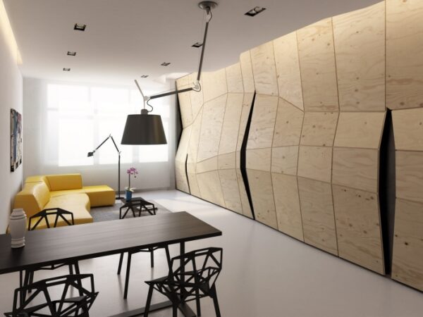 Transformer Apartment- plywood partition concealed closed with yellow lounge