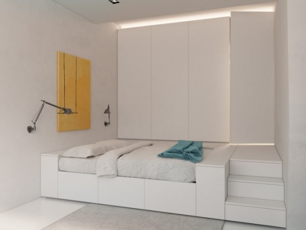 The bed nook, complete with storage is built into the space and takes its cues from the living area with its blue accented white and yellow palette, and to a lesser extent, influences the subtle styling of the workspace.