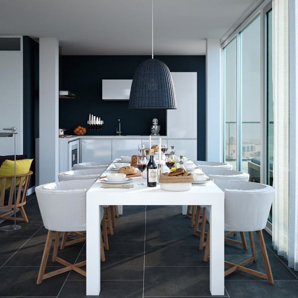 Triple D- Dark Navy and White Apartment kitchen dining with large tiles and light wood accessorizing
