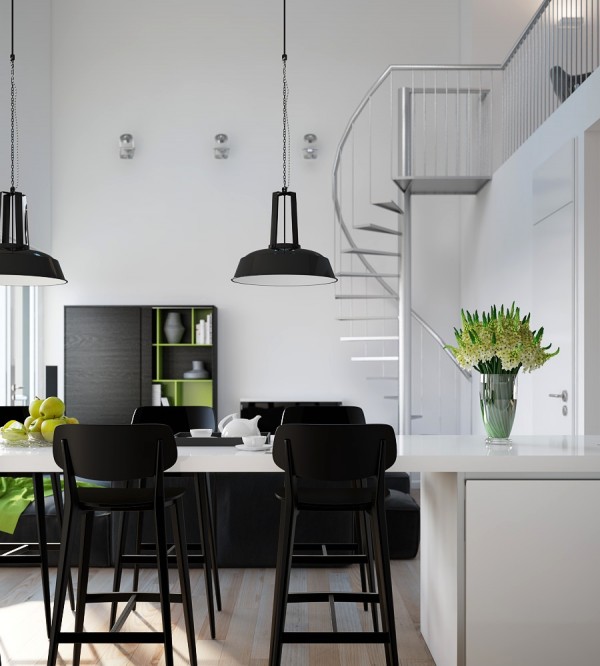 Triple D- Modern Monochrome Green Apartment dining metallic staircase
