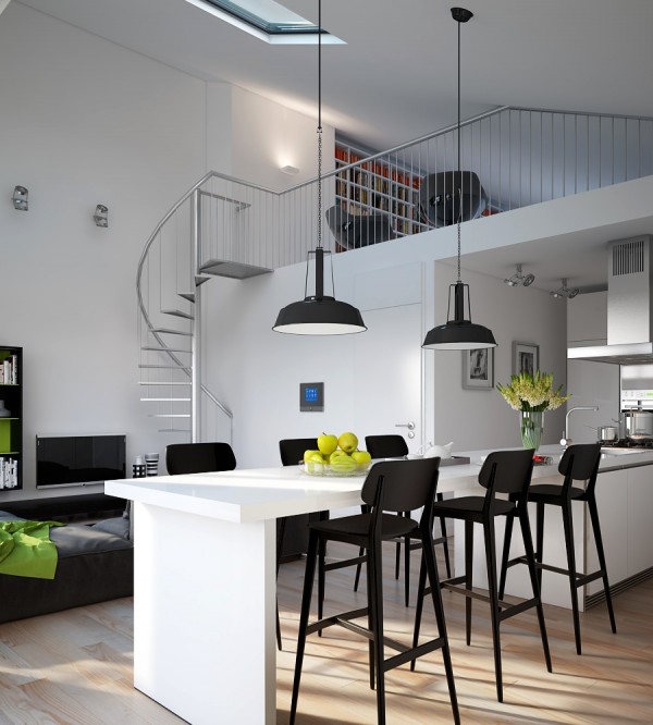 Triple D- Modern Monochrome Green Apartment kitchen dining industrial lighting