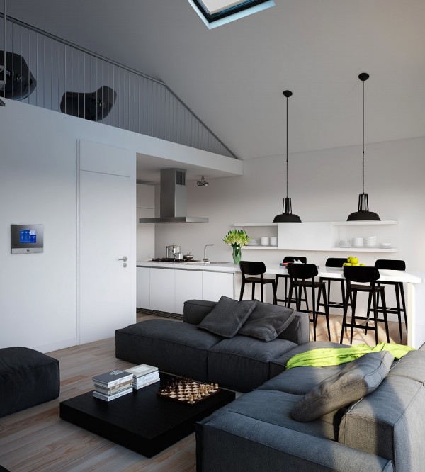 Triple D- Modern Monochrome Green Apartment living dining kitchen