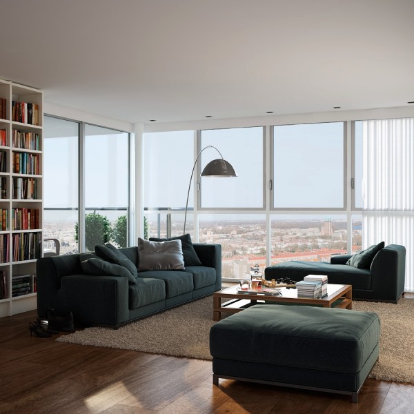Triple D- White Apartment with Medium grain Wood Flooring and Terrace lounge with library and views