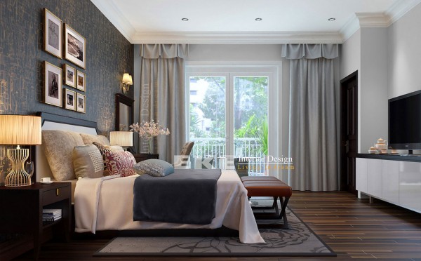 Tuananh Eke's dark wood floors heavily styled modern bedroom with textural feature wall