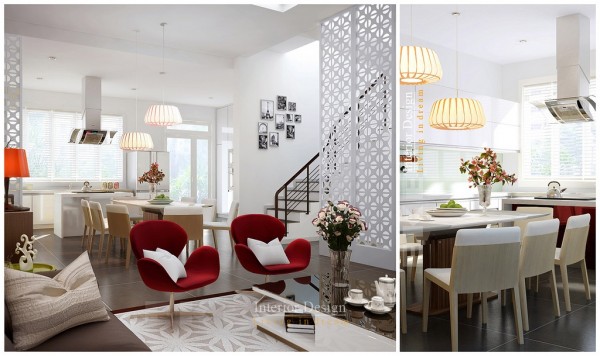 Tuananh Eke's kitchen dining and red accented living double feature with hanging basket pendant lights