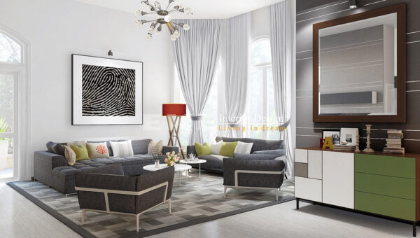 Tuananh Eke's modern living in a silver grey palette with finger print wall hanging