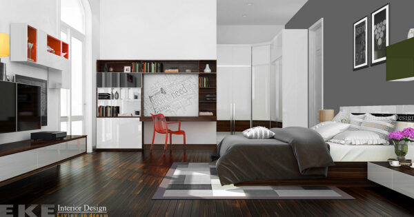 Tuananh Eke's modern masculine bedroom in shades of grey with a retro influence