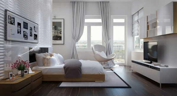 Tuananh Eke's modern white bedroom with heavy silver window treatments and entertainment unit storage