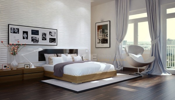Tuananh Eke's modern white bedroom with heavy silver window treatments textural feature wall and wooden flooring