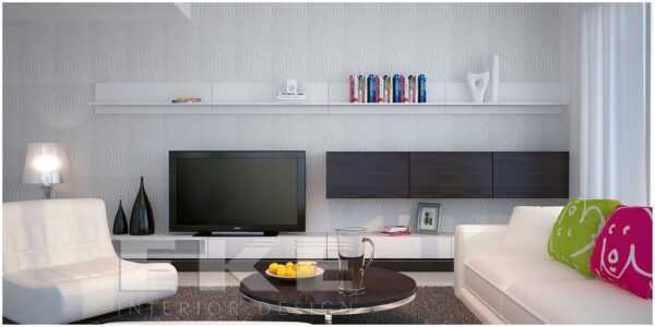 Tuananh Eke's modern white lounge with contrasting and bright accessories and minimal multimedia storage