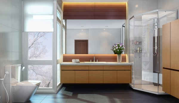 Tuananh Eke's wood clad bathroom cabinetry with corner shower and large elemental tiles