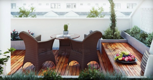 Tuananh Eke's wooden terrace with chocolate outdoor furniture and still life fruit accessorizing