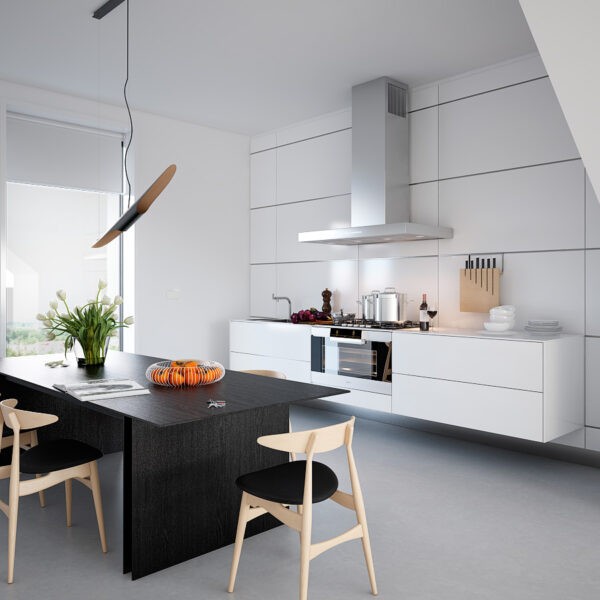 White Symmetrical Kitchen- darkest wood dining table and contrasting chairs